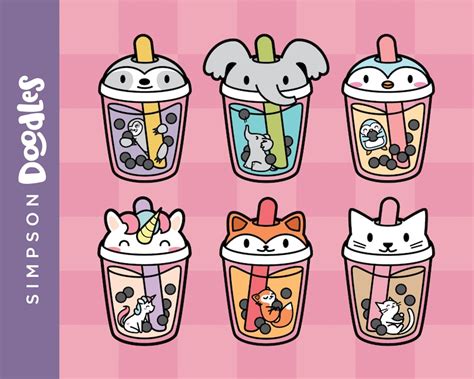 Bubble Tea Clipart Boba Drinks With Cute Animals Digital Clip Etsy