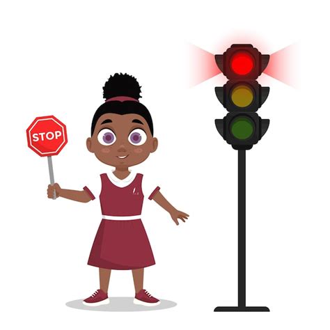 Premium Vector Child With Stop Sign The Traffic Light Shows A Red