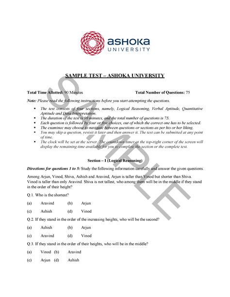 Ashoka Aptitude Test Sample Question Paper Sample Sample Test