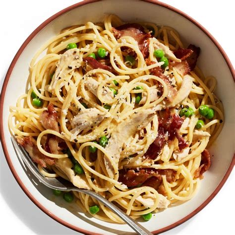 Dec 22, 2016 · the chicken, peas, and bacon are mixed with the pasta then garnished with extra parmesan cheese and parsley. We Gave Carbonara a Makeover—With Rotisserie Chicken ...