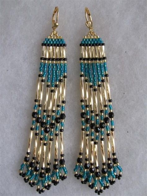 Seed Bead Native American Earrings Gold Bugledeep Teal Etsy Beaded