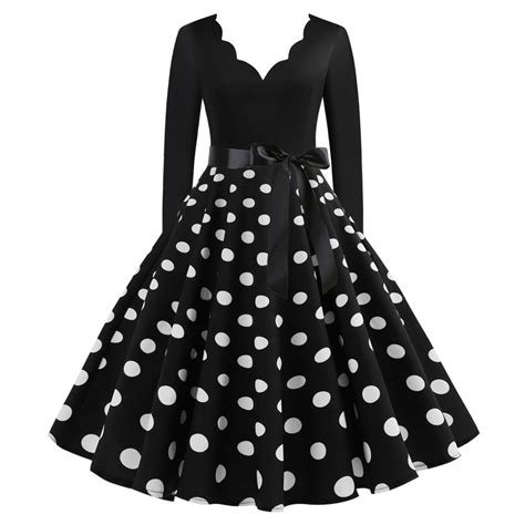 Xflwam Women S Vintage Audrey Hepburn Dress Polka Dots Long Sleeve Knee Length Dress Cocktail