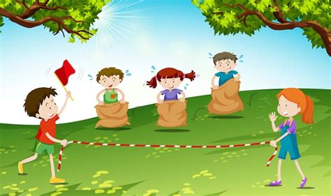 Children Play Jumping Sack In The Park Illustration Vector Premium