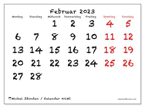 Kalender Februar 2023 Zum Ausdrucken “48ms” Michel Zbinden Ch