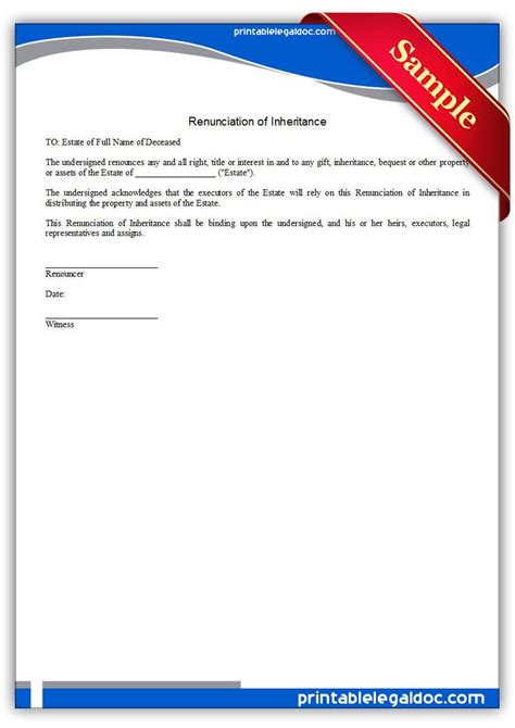 Renunciation Of Inheritance Legal Forms Free Printable