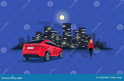 Red Suv Car Parking At Night With Woman On Night City Skyline Stock
