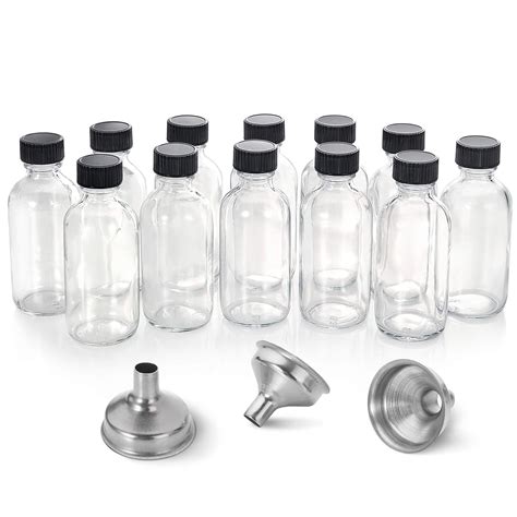 12 2 Oz Small Clear Glass Bottles 60ml With Lids And 3 Stainless Steel