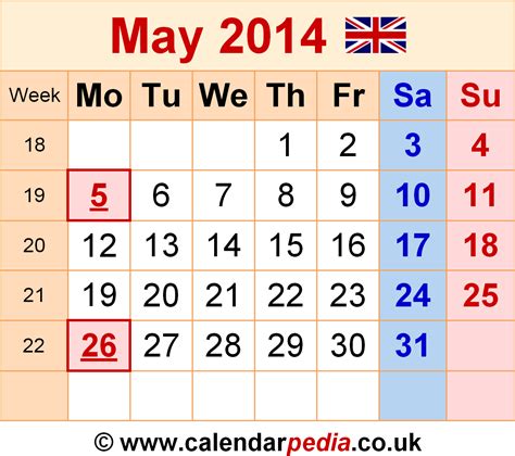 Calendar May 2014 Uk With Excel Word And Pdf Templates