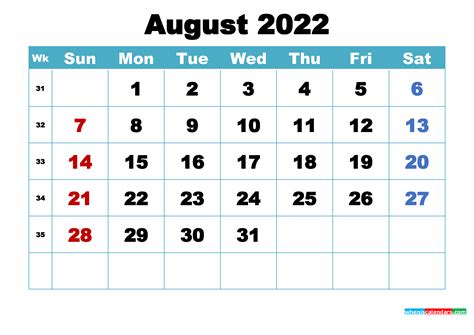 Calendar Month To Print August 2022 Blank Calendar 2022