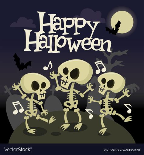Happy Halloween Skeleton Dancing In Graveyard Vector Image