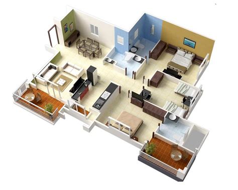 20 Designs Ideas For 3d Apartment Or One Storey Three Bedroom Floor