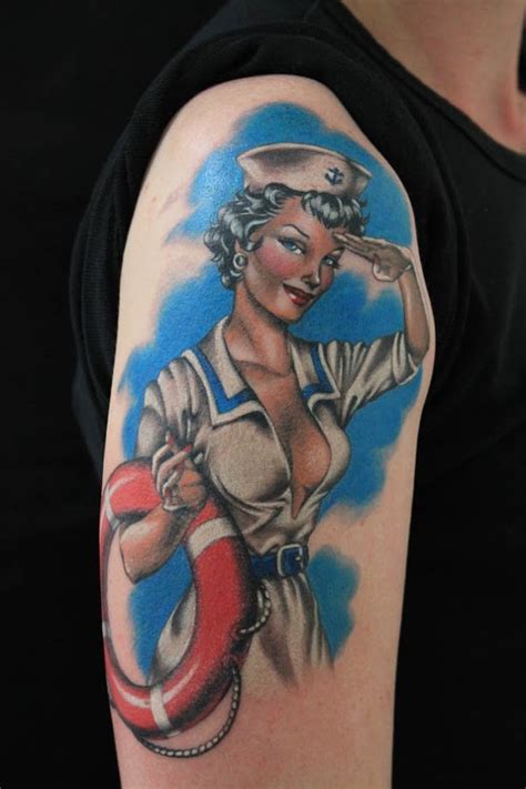 Old Style Colored Vintage Sexy Pin Up Sailor Girl Tattoo On Shoulder