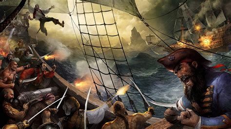 Pirates Battling On Sea Painting Pirates Ship War Artwork Hd