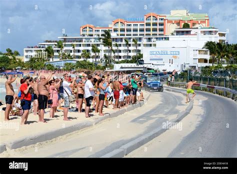 Maho Beach Packed With Tourists Waiting Departing Aircraft From St