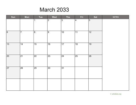 March 2033 Calendar With Notes