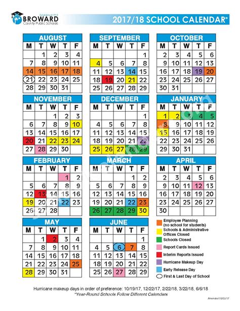 2017 2018 District Calendar Broward County Public Schools Fort