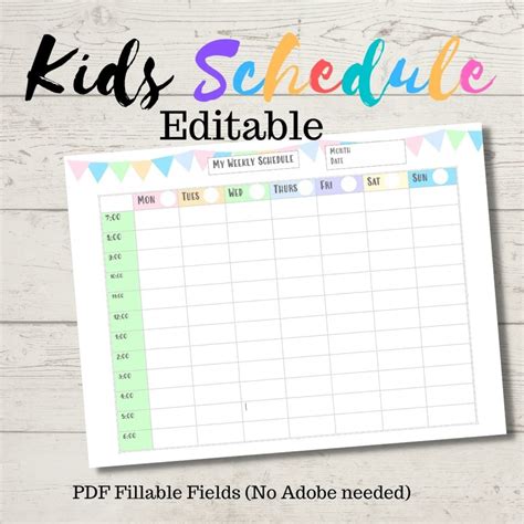 Editable Kids Weekly Schedule Kids Chart Kids Weekly Chart Etsy