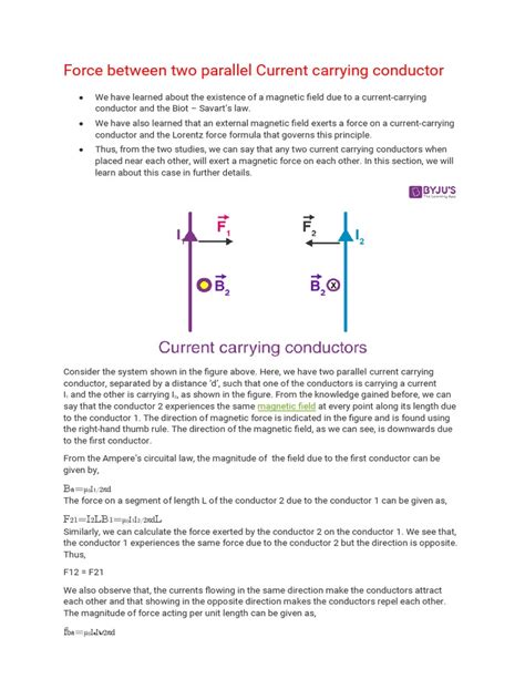 Force Between Two Parallel Current Carrying Conductor Pdf Magnetic