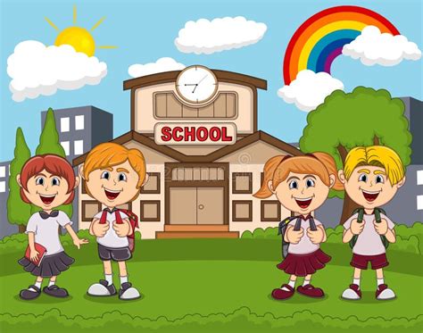 Students In Front Of School With Balloon Back To School Cartoon Stock