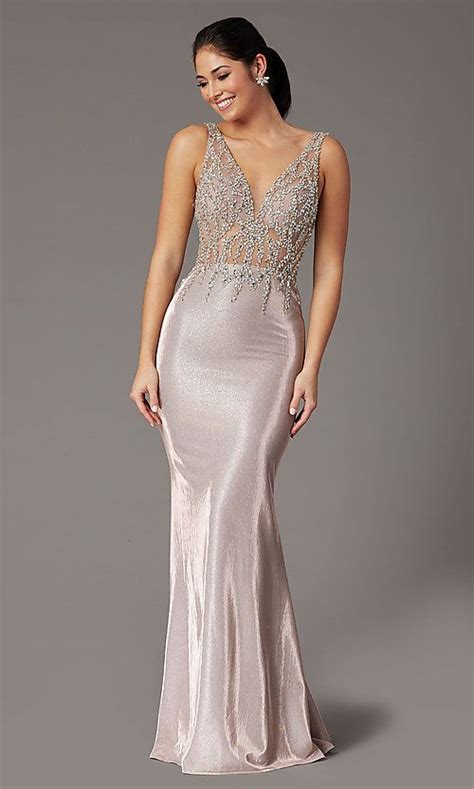 Metallic Rose Gold Prom Dress With Beaded Bodice Prom Dresses Rose