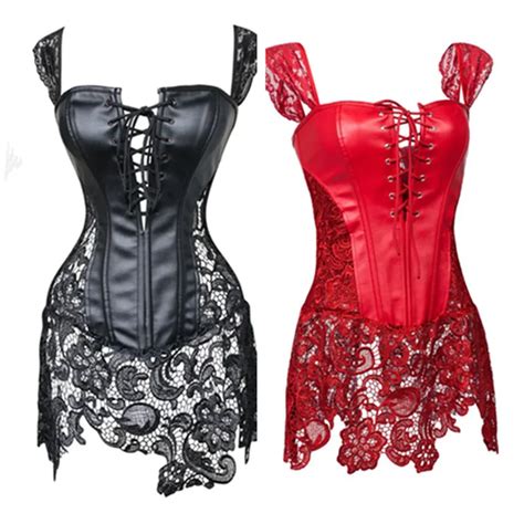 Sexy Women Faux Leather Corset Black Lace Burlesque Steampunk Corset Dress Club Gothic Bustier