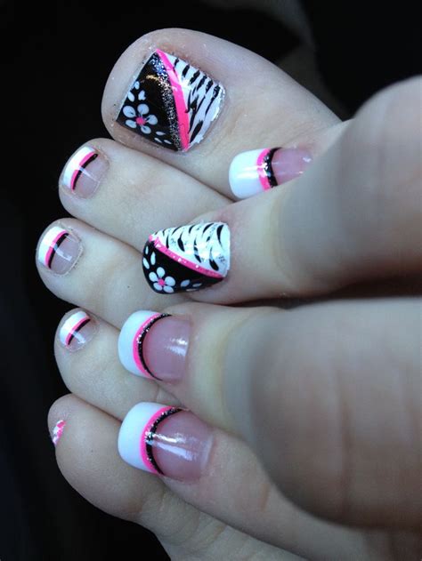 Pink Black And White Flower Zebra Toe Nail Design Coordinating Finger