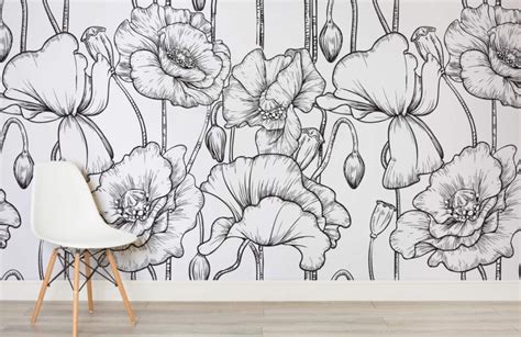 Black And White Illustrated Flowers Wallpaper Mural Hovia Wall Murals