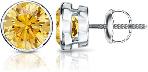 K White Gold Round Yellow Diamond Bezel Set Stud Earrings Ct