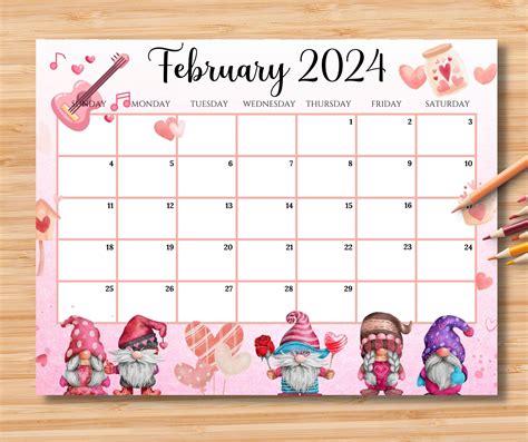 Editable February Calendar Sweet Valentine With Love Gnomes Printable Monthly Planner For