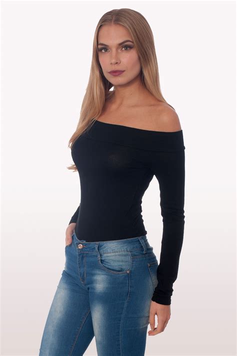 Black Bardot Long Sleeve Bodysuit Clothing Modamore