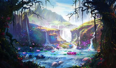 Download Waterfall Lake Fantasy Landscape Hd Wallpaper By Amit Naik