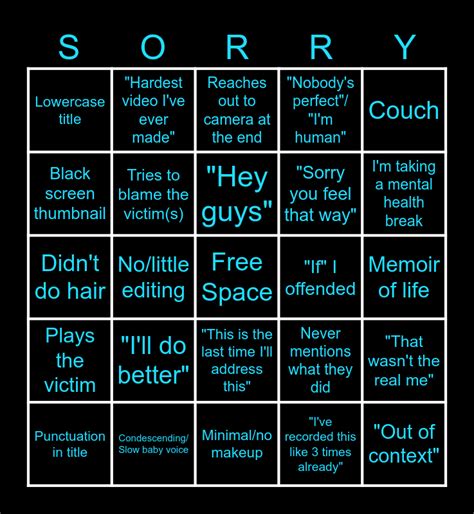 Youtuber Apology Bingo Card