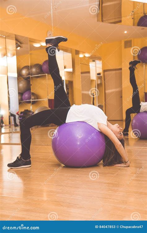 Slim Pretty Woman With Fitball In Gym Stock Image Image Of Fitball Cheerful 84047853