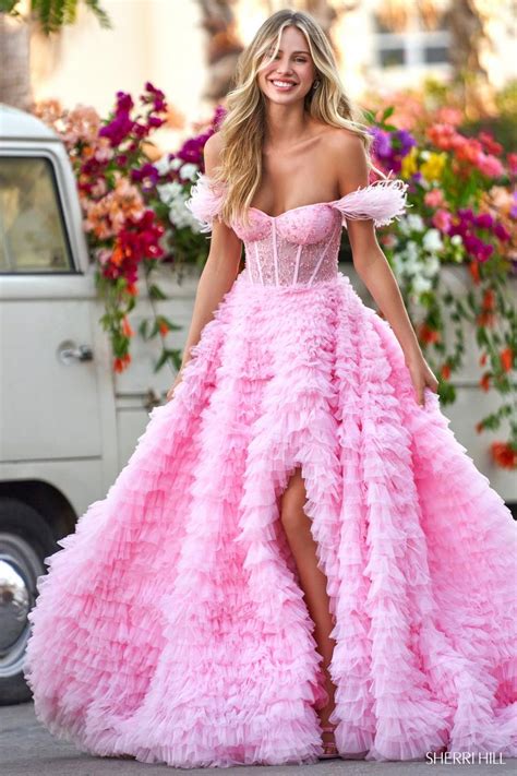 french novelty sherri hill 54906 tiered ruffle ball gown with feathers