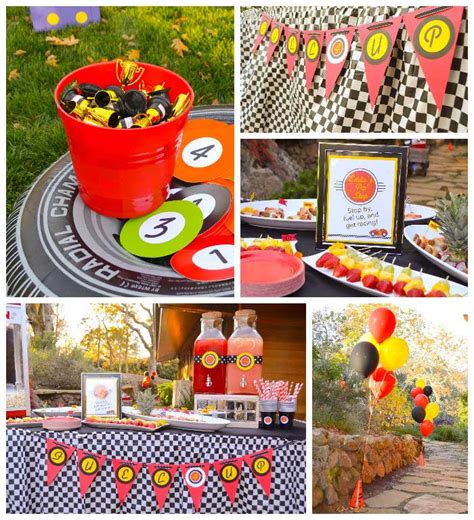 These sports theme party supplies pair well with noisemakers and are accented with checkered flags, stock racing cars, and speedway symbols. Kara's Party Ideas Race Car themed birthday party via Kara ...