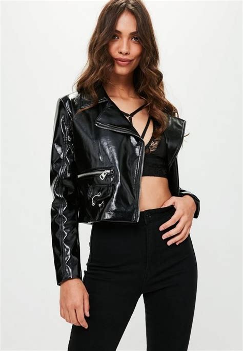 black patent faux leather biker jacket featuring lapel collar and crop design leather jacket