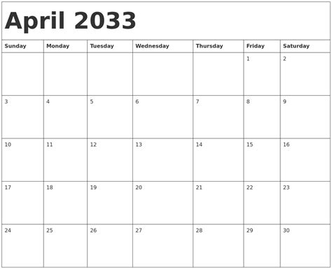 April 2033 Calendar Template