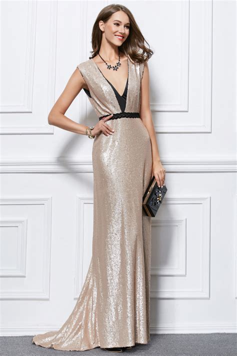 Sexy V Neckline Backless Sequined Formal Dress Evening Gown