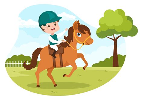 Horse Riding Cartoon Illustration With Cute People Character Practicing