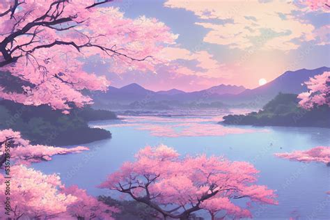 Japan Anime Scenery Wallpaper Featuring Beautiful Pink Cherry Trees And