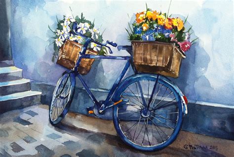 Bicycle With Two Flower Baskets Cityscape City By Alisiasilverart