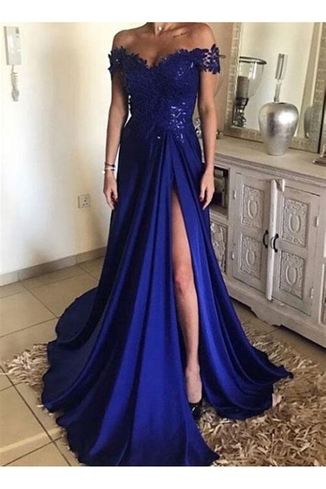 A Line Long Blue Lace Off The Shoulder Prom Dresses Formal Evening Dresses