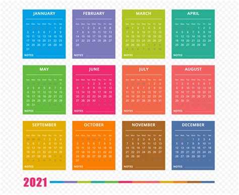 Hd 2021 Beautiful Colorful Calendar With Notes Section Clipart Png