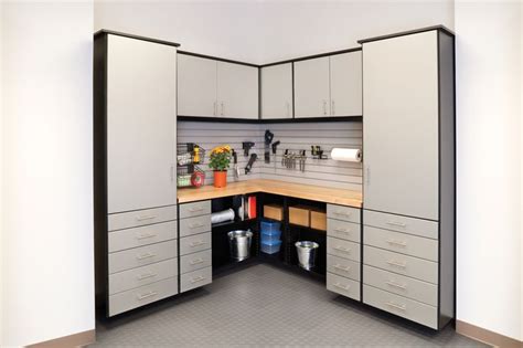 Garage cabinets from garagecabinets.com are custom manufactured in the u.s.a. This SilverII Garage System in Black Melamine with Brushed ...