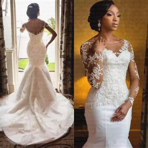 2019 African Sheer Lace Wedding Dress Sexy Backless Sweep Train Bridal