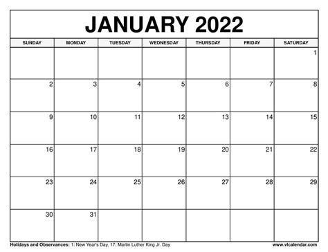 Free Printable January 2022 Calendar With Holidays January 2022 With