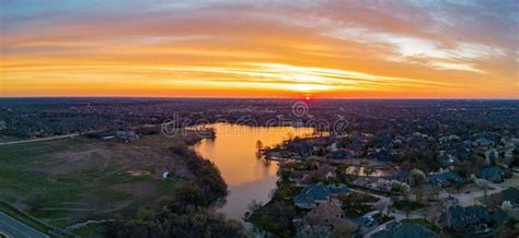 Aerial View Of The Beautiful Sunrise Landscape Over Edmond Area Stock