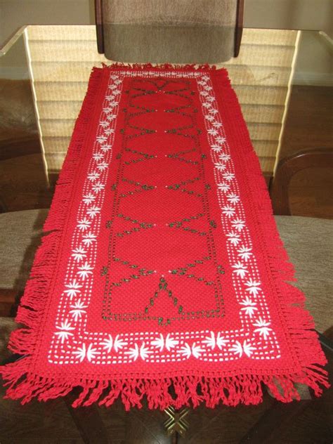 Christmas Tree Swedish Weaving Table Runner In Red Green And White