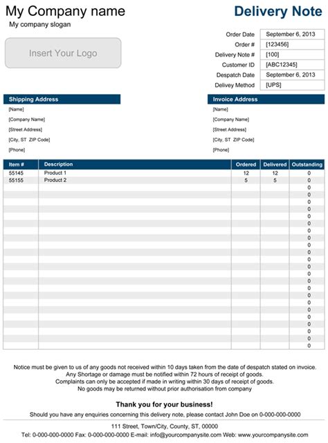 printable delivery note template  excel