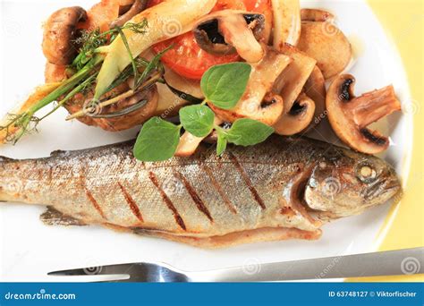 Grilled Trout With Mushrooms And Potato Stock Image Image Of Prepared